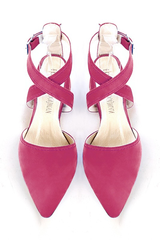 Fuschia pink women's open back shoes, with crossed straps. Tapered toe. Low flare heels. Top view - Florence KOOIJMAN